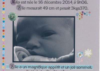 MILA née le 16 décembre 2014 fille de Josselin et Christel Petite fille de Sylvie